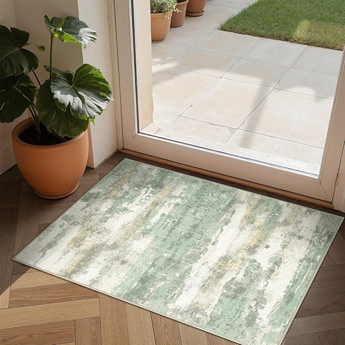 BEIMO 2x3 Rugs for Entryway Entrance Kitchen Bathroom, Machine Washable Modern Abstract Soft Area Rug, Low Pile Indoor Floor Carpet with Non Slip Backing, Light Green