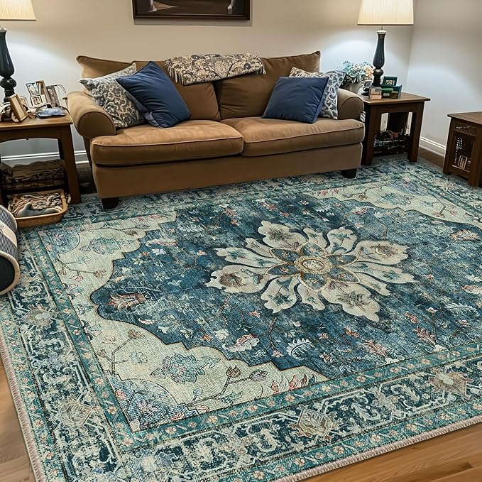 RELEANY Area Rugs 6'x9' Washable Non-Slip, Floral Vintage Distress Print Pattern Medallion Carpet for Living Room Bedroom Dining Room, Dark Blue Vintage