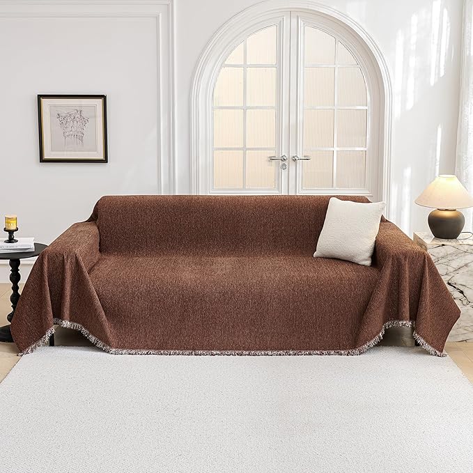 MYSKY HOME Sofa Covers Washable Sectional Couch Covers - 3 Cushion Slipcover Furniture Protector with Tassels for Kids, Dogs, Pets - 91"x134", Chocolate