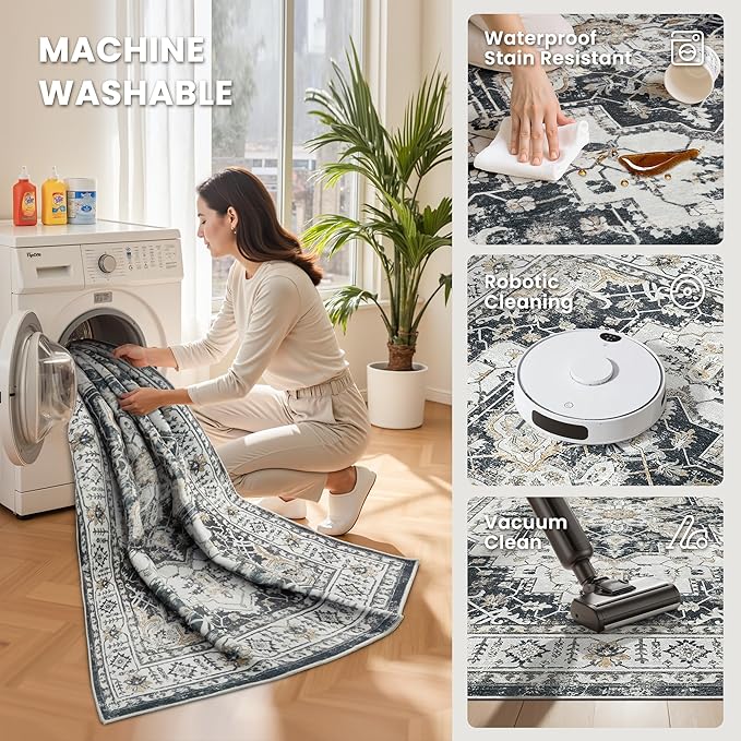 zesthome Area Rug 8x10,Ultra-Thin Washable Rugs for Living Room, Non-Slip Backing Area Rugs,Small Entryway Rug,Vintage Medallion Pattern Rugs (Black,8'x10')