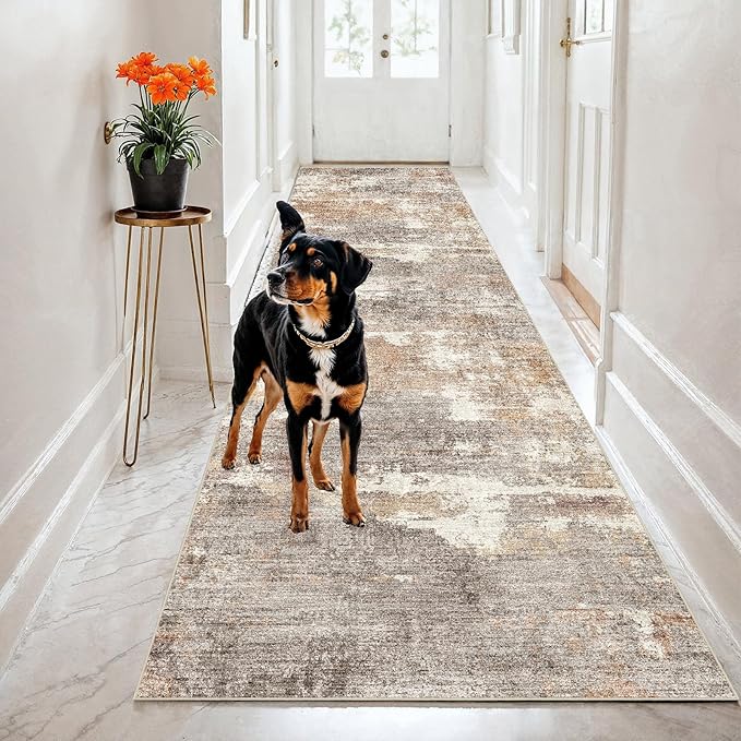 2x8 Washable Kitchen Runner Rug: Modern Abstract Runners for Hallway Soft Non Slip Rugs with Rubber Backing Low Pile Thin Waterproof Floor Carpet for Entryway Bedroom Bathroom Indoor 2x8 Brown/Brick