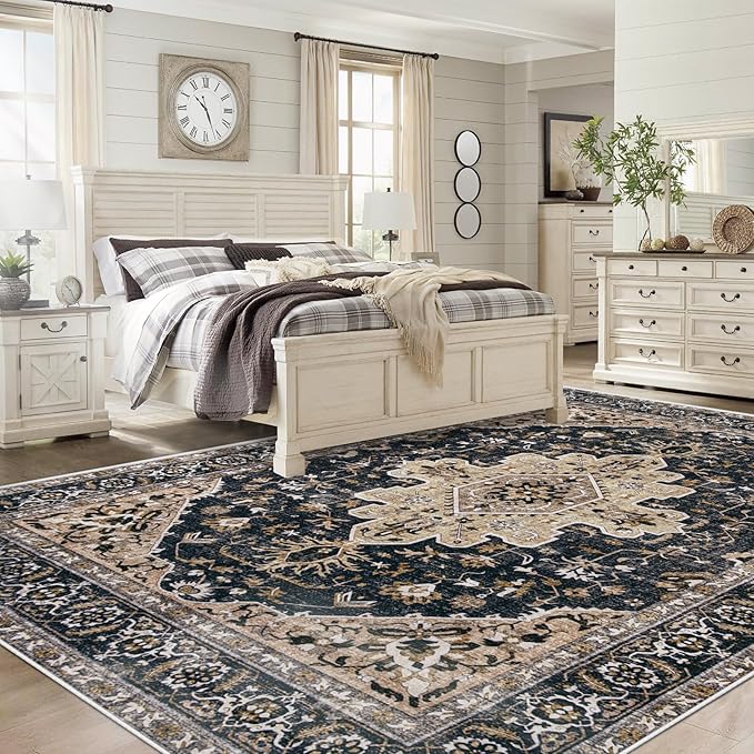 Area Rugs 9x12 Vintage Rug: Large Washable Living Room Rug Retro Medallion Distressed Soft Low Pile Non-Slip Indoor Floor Carpet for Bedroom Dining Table Office (BeigeBlack,9'x12')
