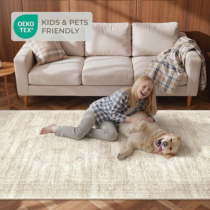 3x12 Runner Rug for Hallway, Non-Slip Long Bathroom Rugs Runner for Kitchen, Bedroom, Soft Vintage Abstract Washable Rug for Entryway, Thin Floor Mat for Dining Room(3'x12', Beige/Ivory)