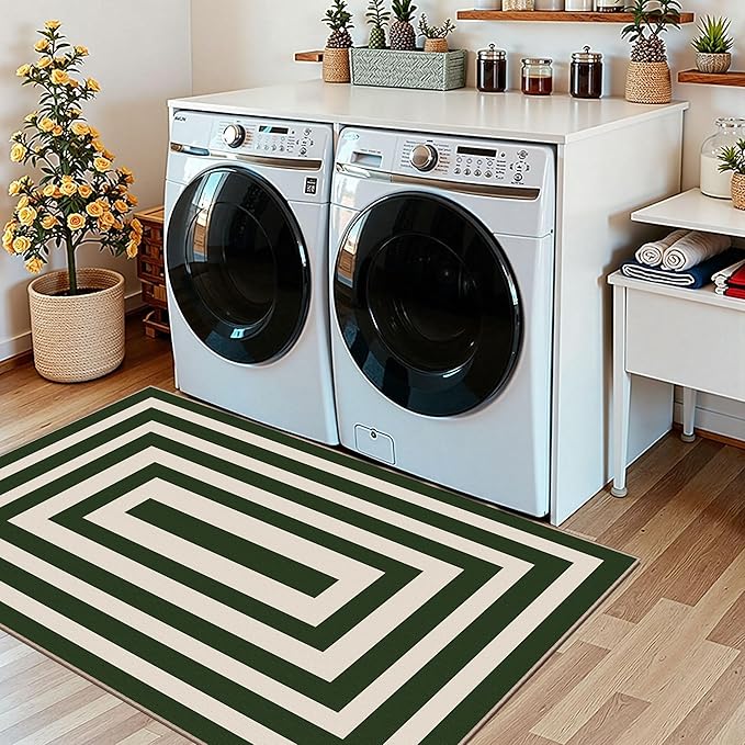 Modern Outdoor Rug - 28" x 43" Front Door Mat Indoor Outside Entrance Non-Slip Washable Outdoor Mat Green White Border Striped Rug for Entryway Kitchen Bedroom Layered Doormat for Front Porch