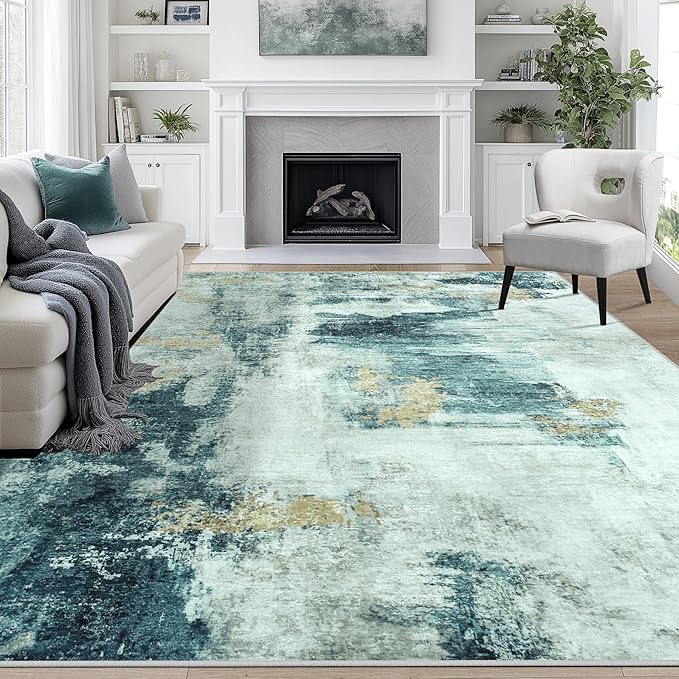 8x10 Area Rugs for Living Room Rug Washable: Abstract Large Rug for Dining Room Bedroom Carpet Non Slip 8 by 10 Indoor Modern Nursery Home Office Teal Grey Gold