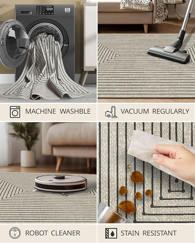 Latte&Fog 2x3 Entryway Rug, Small Modern Abstract Door Mat, Washable Kitchen Rug, Boho Non Slip Low Pile Carpet for Indoor Kitchen, Entry, Front Door and Bathroom - Beige