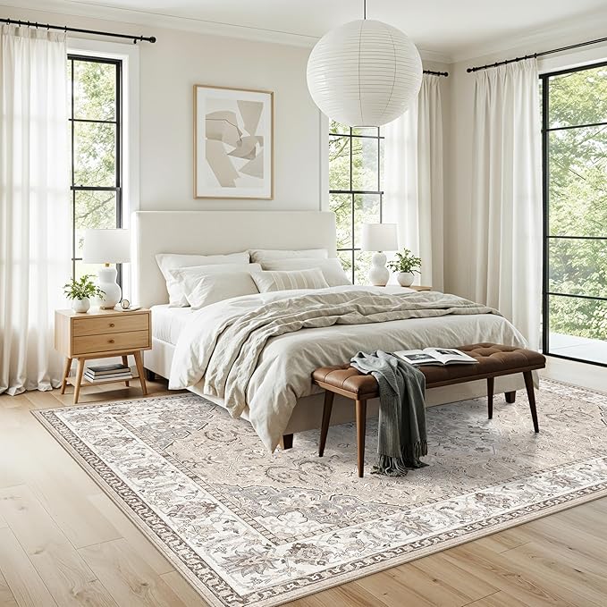 Living Room 6x9 Area Rugs: Farmhouse Washable Ultra Soft Carpet for Bedroom Nursery Indoor Vintage Stain Resistant Rug for Dining Room Non-Slip Durable Neutral Floor Mat for Pet Owners(6x9 Beige)