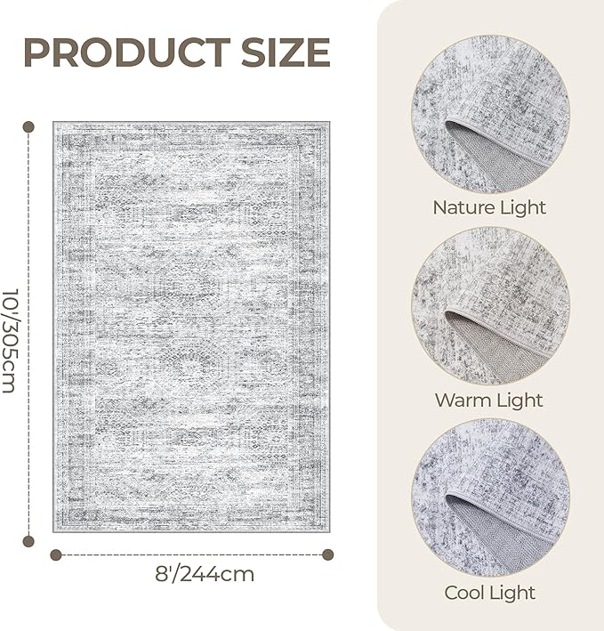 8x10 Area Rugs for Living Room, Non-Slip Backing Large Washable Rug for Nursery Room, Vintage Abstract Bedroom Rugs, Thin Indoor Home Decor Soft Farmhouse Rug (8'x10', Grey/Ivory)