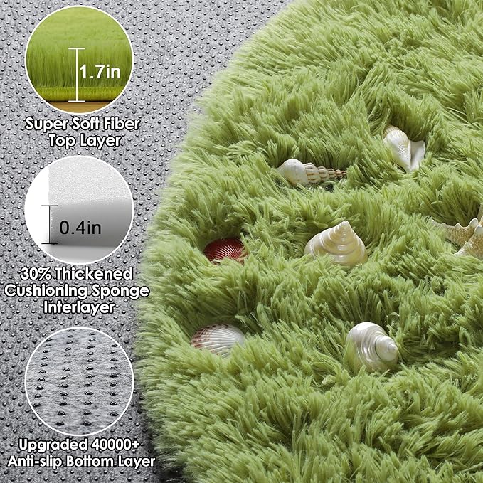 ONASAR Grass Green Round Area Rug 4ft, Soft Bedroom Circle Rugs Floor Mat for Kids Girls Teen Room, Cute Fluffy Plush Shaggy Carpet for Baby Nursery Living Room Playroom Dorm Home Decor
