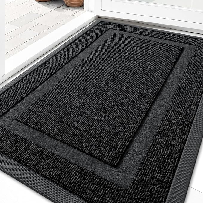 OLANLY Front Door Mat Indoor Outdoor Entrance, Waterproof All-Season, All-Weather Doormat, Sturdy Natural Rubber, Low Profile, Easy Clean Patio Porch Entryway Mat, 35x23, Jet Black
