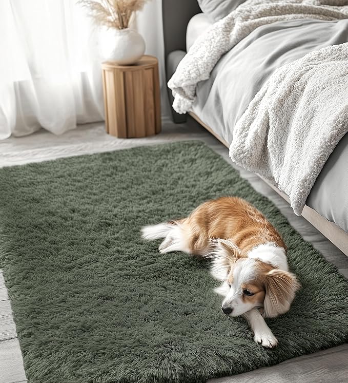 OLANLY 3x5 Machine Washable Small Bedside Rug, Soft Fluffy Shaggy Rugs for Living Room, Bedroom, Indoor Floor Carpet for Kids Girls and Boys, Preppy Dorms, Nursery, Home Decor Aesthetic, Olive Green