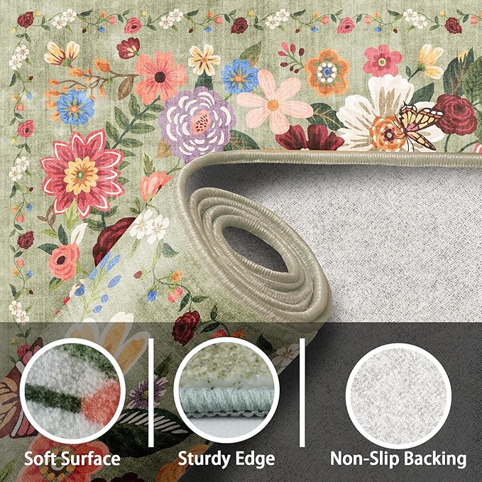 Washable Area Rug 8x10 Green, Large Soft Rugs for Living Room Floral Green Carpet 8x10 Area Rugs for Bedroom Dining Room Non-Slip Stain Resistant Under Table Rug (8 x 10, Green Garden)