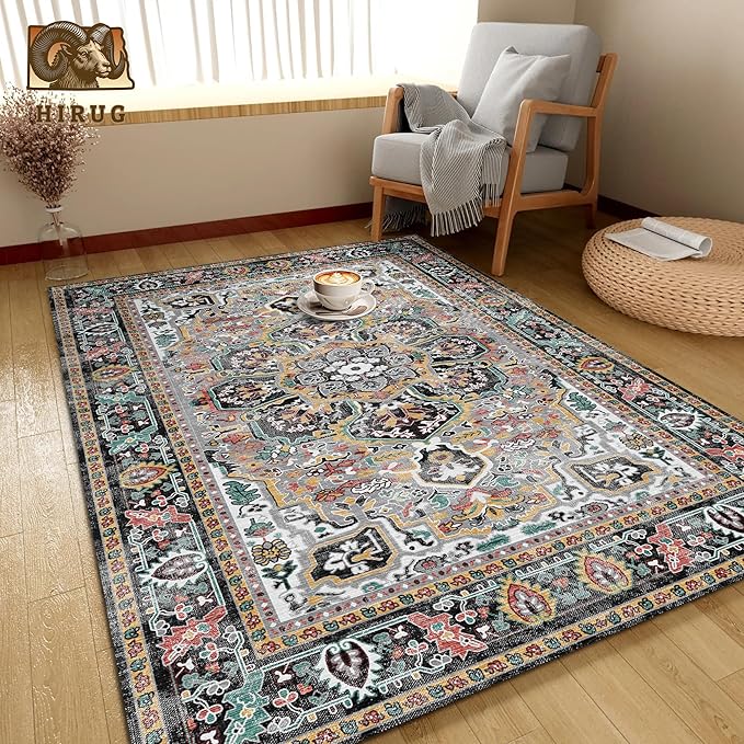 Washable Area Rug 5' x 7' Vintage Traditional Persian Mat - Foldable Distressed Non-Slip Machine Washable Carpet for Living Room Bedroom Kitchen Home Decor - Slate and Multicolor