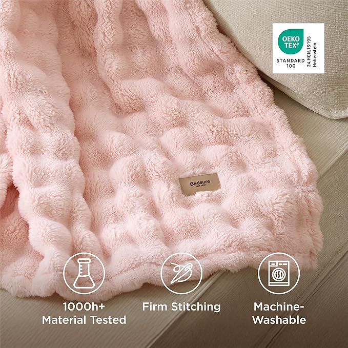 Bedsure 3D Fleece Bubble Blanket for Couch - GentleSoft Pink Throw Blanket for Sofa Bed Room Decor - Luxury Soft Cozy Spring Gifts for Kids Girls, Lightweight, Crystal Pink, 50"×60"