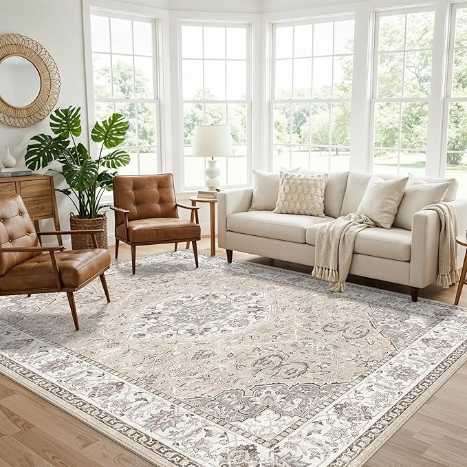 7x10 Area Rug for Living Room: Washable Neutral Vintage Large Rugs for Bedroom, Office, Dining Room, Kids Room, Farmhouse Durable Low Pile Non Slip Carpet for High Traffic Areas(7x10 Beige)