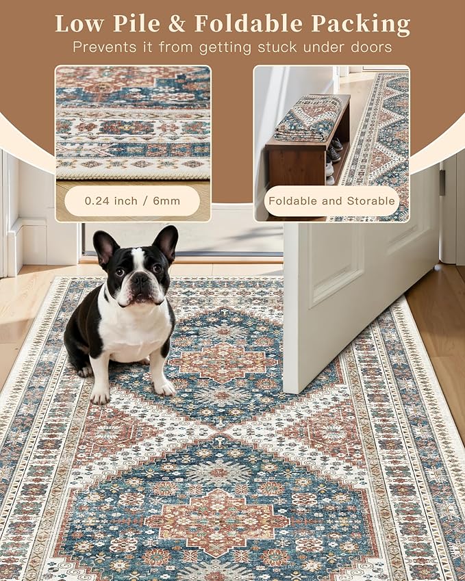 Madane Runner Rug 2'6''x8' Kitchen Runner, Hallway Runner Printed Vintage Washable Rugs Soft Non-Slip Low Pile 2.5x8 ft Runners for Hallways Laundry Room Rug Distressed Rug, Navy Blue