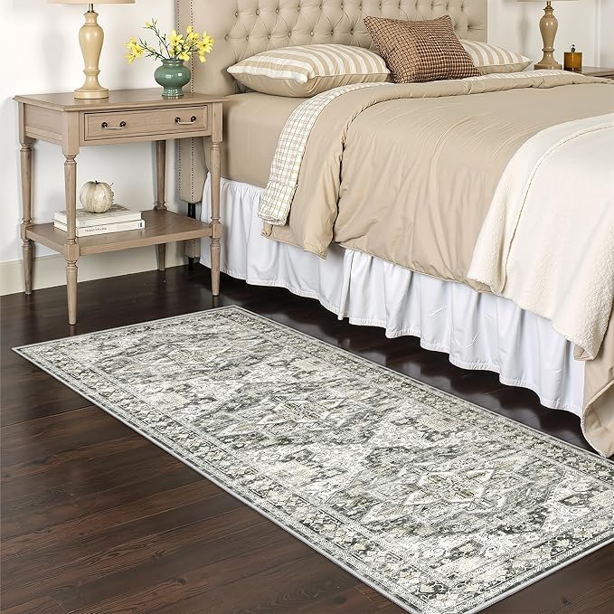 Runner Rug 2x6, Non Slip Washable Rugs for Laundry Room, Runners for Hallways, Low Pile Vintage Soft Rugs for Living Room, Kitchen Bathroom,Bedroom Rug(Grey/Beige,2'x6')