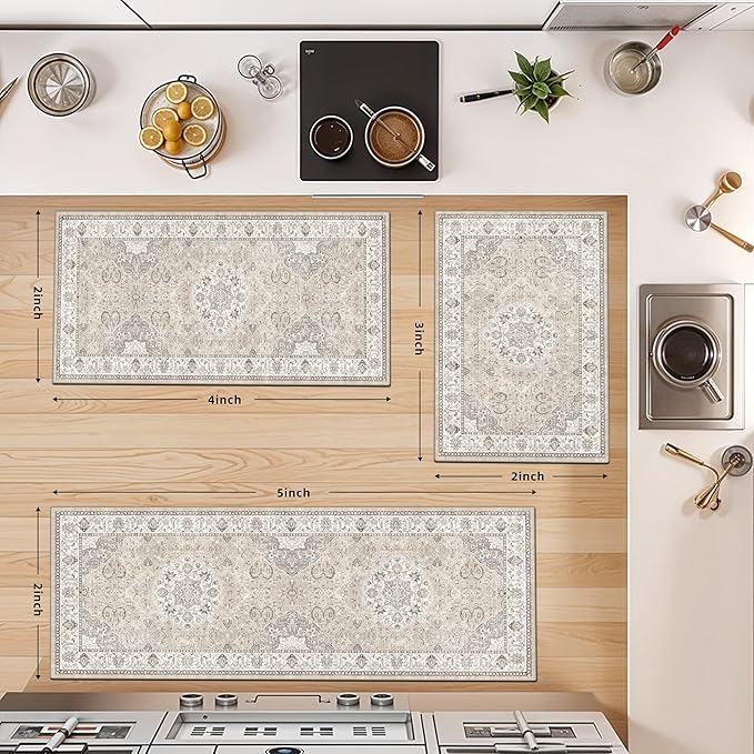 Washable Kitchen Rug Set of 3: Boho Non-slip Soft Stove Sink Mat Light Weight Stain Resistant Carpet for Dog Bowl Area Comfort Tile/Hardwood Floors Protection Mat for Entryway Foyer(2x3+2x4+2x5,Beige)
