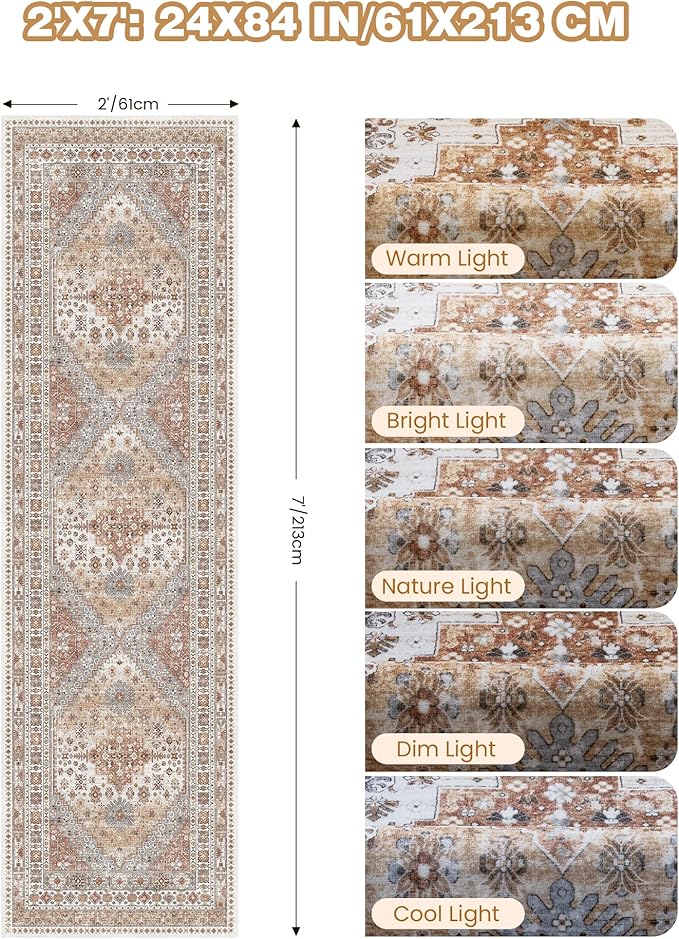 2x7 Runner Rug, Thin Entryway Non Slip Washable Rugs for Entryway, Runners for Hallways, Low Pile Vintage Soft Rugs for Living Room, Kitchen Bedroom Rug(Orange,2'x7')