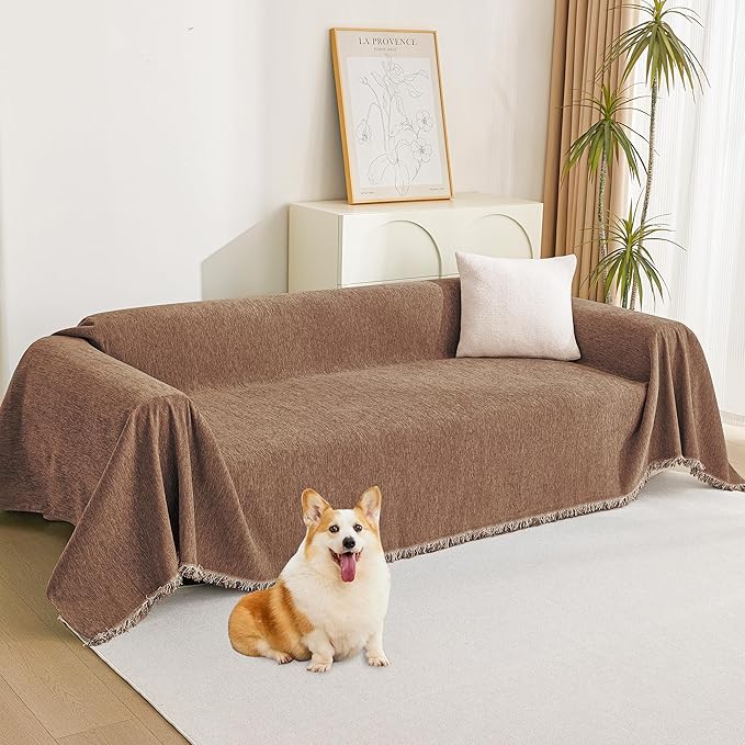 MYSKY HOME Boho Couch Cover Camel Sofa Covers with White Tassel Farmhouse Sofa Slipcover Simple Couch Protector for Dogs Chenille Sectional Couch Covers L Shaped Couch Cushion Covers, 91"x 134"
