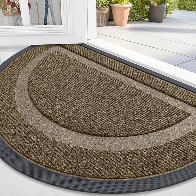 OLANLY Half Circle Door Mat Indoor Outdoor Entrance Welcome, Waterproof All-Season, All-Weather Doormat, Sturdy Natural Rubber, Low Profile, Easy Clean Patio Porch Entryway Mat, 36x24, Brown