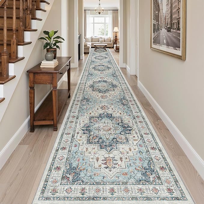 Madane 3x20 Hallway Runner Rug - Extra Long Carpet Runners for Hallways 20ft Non Slip Stain Resistant Rugs Runner for Living Room Bedroom 20 Feet Distressed Floor Carpet for Kitchen, Blue