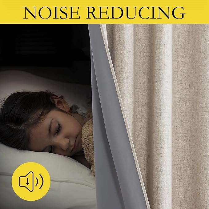 NICETOWN Oatmeal Vintage Open Linen Weave Flax Thermal Curtains, 100% Blackout Curtains 90" Long for Dining Room, Soundproof Window Treatment Drapes for Home Office, 62" Wide Per Panel, Set of 2