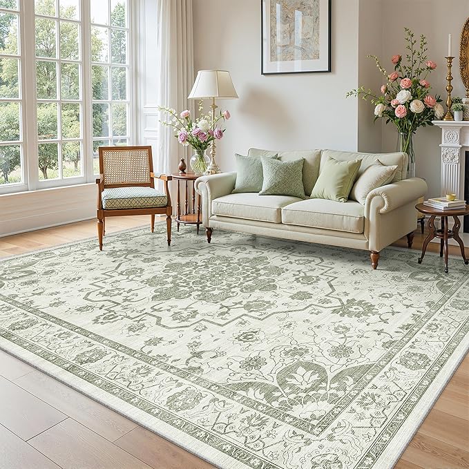 Madane 8x10 Area Rugs for Living Room, Machine Washable Vintage Green Rug with Non-Slip Backing, Soft Throw Large Rug, Thin Carpet for Bedroom Dining Room Farmhouse Under Table, Green/Ivory