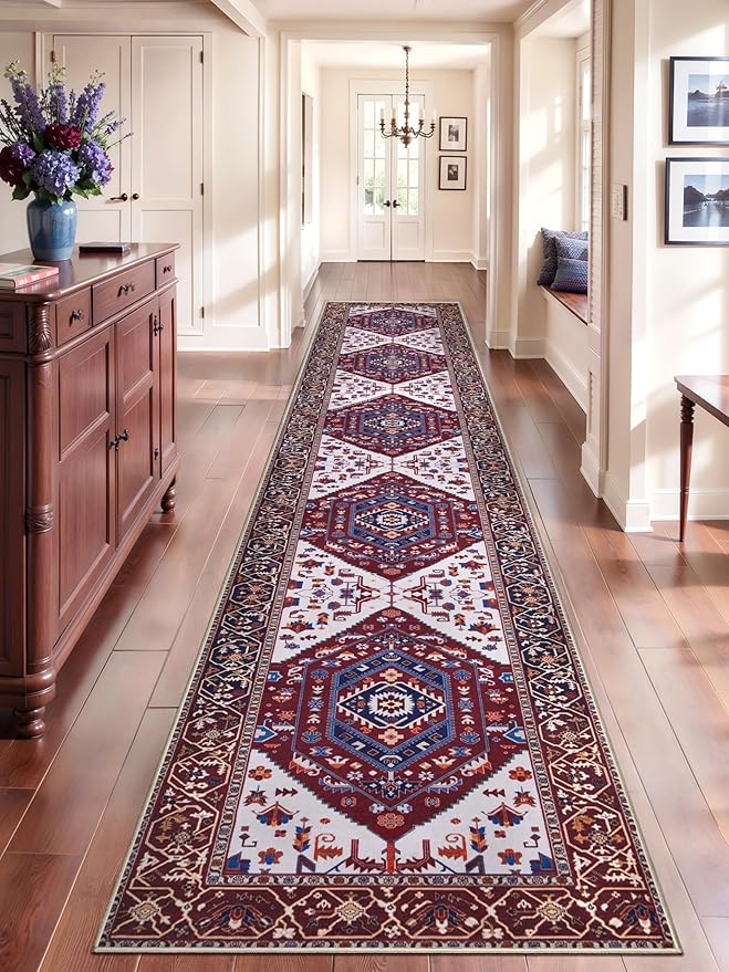 SERISSA Runner Rug for Hallways, 2'6"x14' Washable Non Slip Runner Rug, Extra Long Boho Rug Ultra Soft Vintage Burgundy Navy Print Floor Carpet for Bedroom Hallway Entryway Bathroom Laundry Room