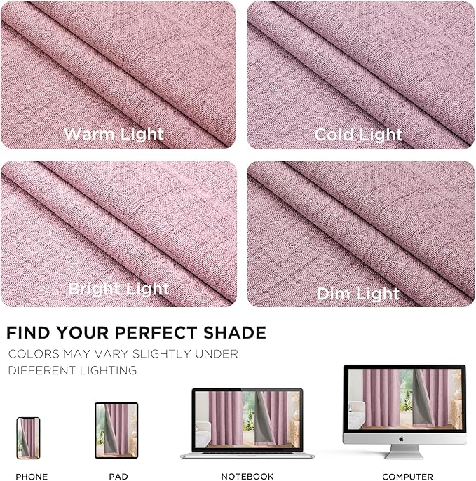 Joydeco Blackout Curtains for Bedroom - 100% Light Blocking 2 Panels Set Pink Drapes 42" W x 108" L, Thermal Insulated Room Darkening Curtains, Linen Textured for Living Room, Rod Pocket & Back Tabs