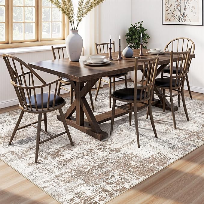 UERMEI 6x8 Area Rug Living Room Rugs - Washable Neutral Modern Abstract Soft Thin Rug Indoor Floor No Slip Rug Carpet for Bedroom Under Dining Table Home Office Decor - Brown/Grey/Red