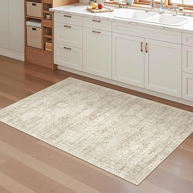 3x4 Rug, Small Area Rug for Kitchen, Entryway, Machine Washable Non-Slip Throw Rug, Vintage Carpet for Nursery Coffee Table Beige