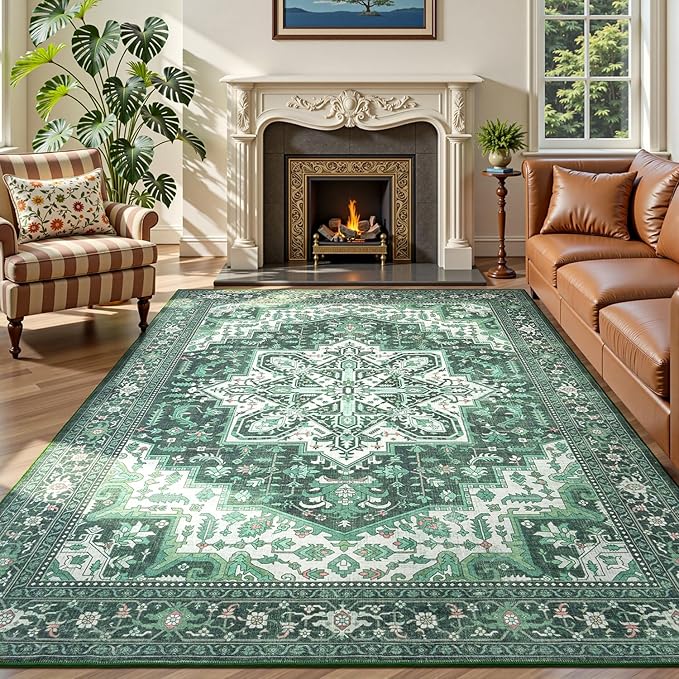 Rugflix 9x12 Area Rugs for Living Room, Machine Washable Rug Non Slip Stain Resistance, Large Rug Vintage Distressed Soft Carpet for Bedroom, Dining Room, Home Office, Green
