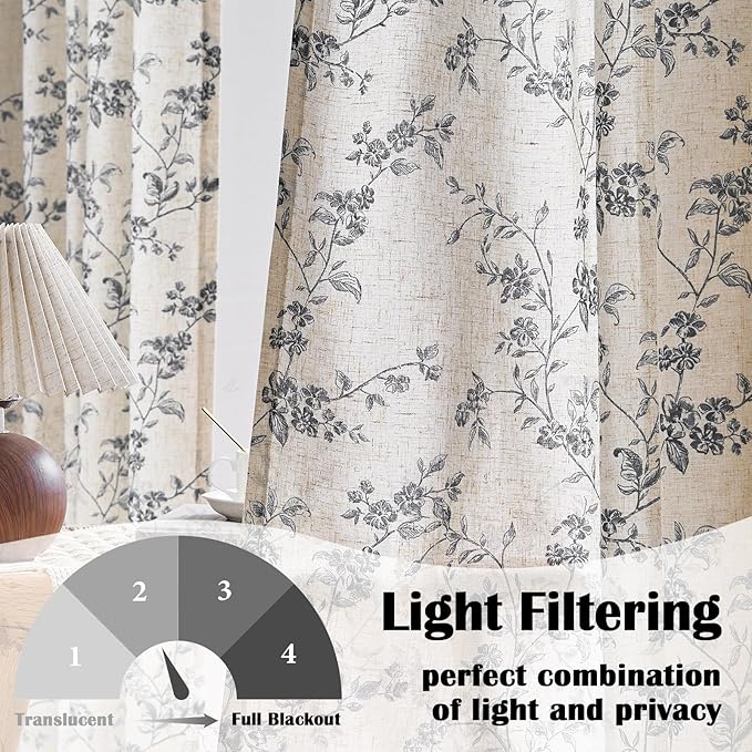 Lazzzy Black Floral Linen Curtains 84 Inch Farmhouse Back Tab Drapes for Living Room Bedroom Light Filtering Vintage Grandmillennial Rod Pocket Curtains, 2 Panels, W38 x L84, Black on Beige