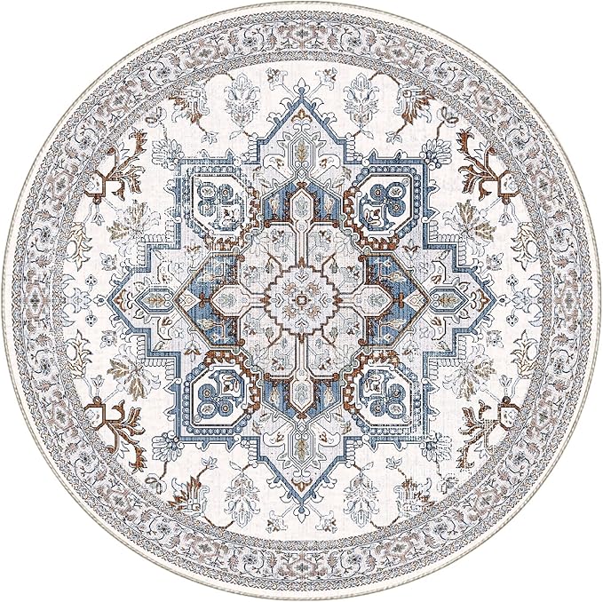 OPPODREAM Soft Round Rug 6ft, Neutral Washable Circle Rug 6ft with Non Slip Backing Play Room, Low-Pile Carpet 6 ft, Faux Cashmere Throw Carpet, Cream White & Blue & Light Brown