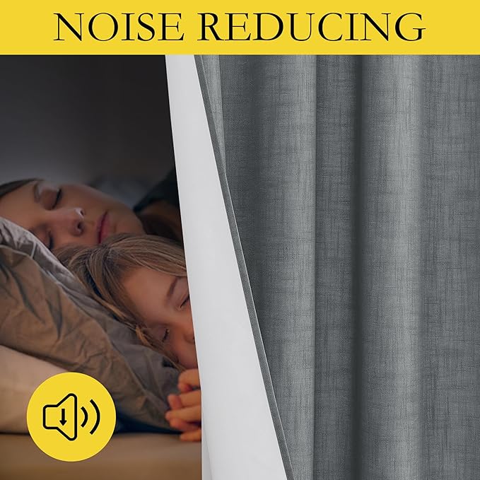 NICETOWN 100% Absolutely Blackout Linen Curtains with Thermal Insulated White Liner, 52" Wide, 2 Panels, 84 inches Long Drapes, Grommet Retro Dove Grey Linen Vertical Drapes Privacy for Bedroom