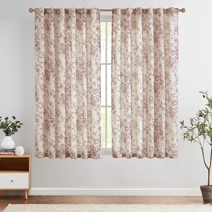 jinchan Linen Blend Curtain Floral Curtains for Living Room 63 Inch Length Farmhouse Brick Red Printed Curtain Rod Pocket Back Tab Peony Flower Patterned Drapes Curtains Set 2 Panels
