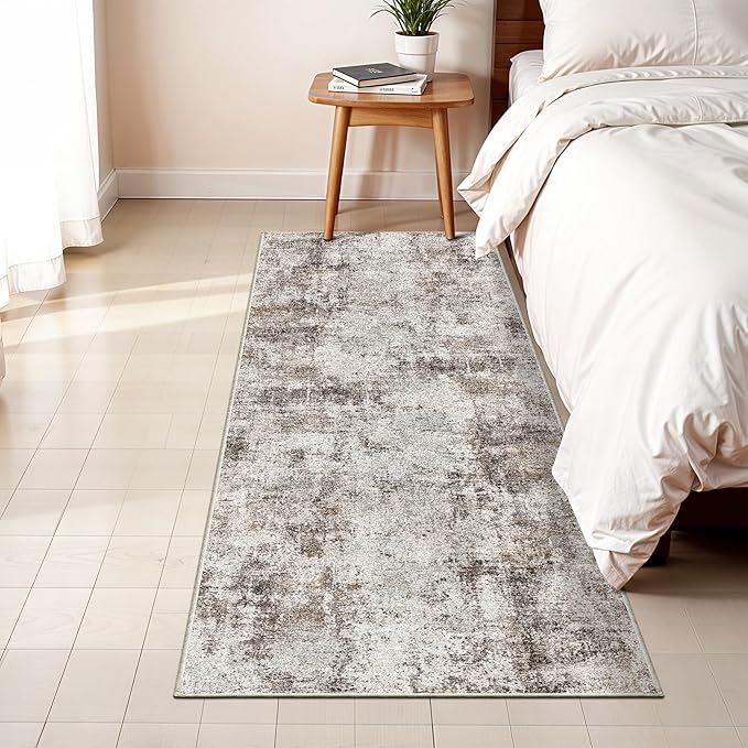2x5 Washable Runner Rug for Hallway: Non Slip Entryway Runners Rugs Easy-to-Clean - Soft Living Room Bedroom Carpet - Thin Low Pile Floor Mat for Dining Room Beige Brown