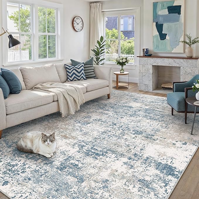 PureCozy Blue 6x9 Area Rug Washable Modern Abstract Living Room Carpet Non Slip Neutral Low Pile Soft Contemporary Aesthetic Bedroom Large Rug Indoor Office Dining Room Playroom