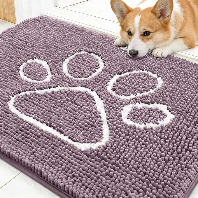 OLANLY Dog Door Mat for Muddy Paws 30x20, Paw Print Design, Absorbs Moisture and Dirt, Absorbent Non-Slip Washable Doormat, Quick Dry Chenille Mud Mat, Entry Indoor Entryway Carpet, Deep Plum