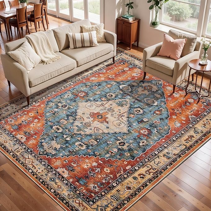 SERISSA 5x8 Area Rugs for Living Room, Large Washable Non-Slip Boho Rug, Ultra Soft Vintage Tribal Oriental Print Distressed Carpet for Bedroom Dining Room Dorm Office Home Decor