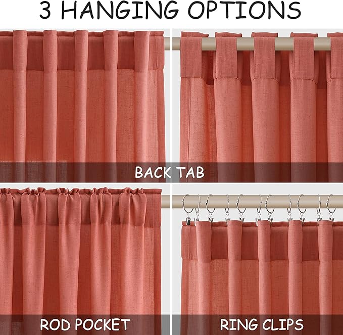 Coral Linen 96 Inch Length Curtains Panels 2 Panel Set Back Tab Rod Pocket Textured Sheer Light Filtering Boho Aesthetic Room Decor Burlap Drapes for Bedroom and Living Room Curtain 8Ft 52x96 Inch