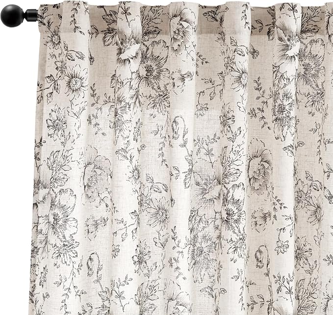 jinchan Linen Blend Curtain Floral Curtains for Living Room 102 Inch Length Black Printed Curtain Rod Pocket Back Tab Farmhouse Peony Flower Patterned Drapes Bedroom Window Curtains Set 2 Panels