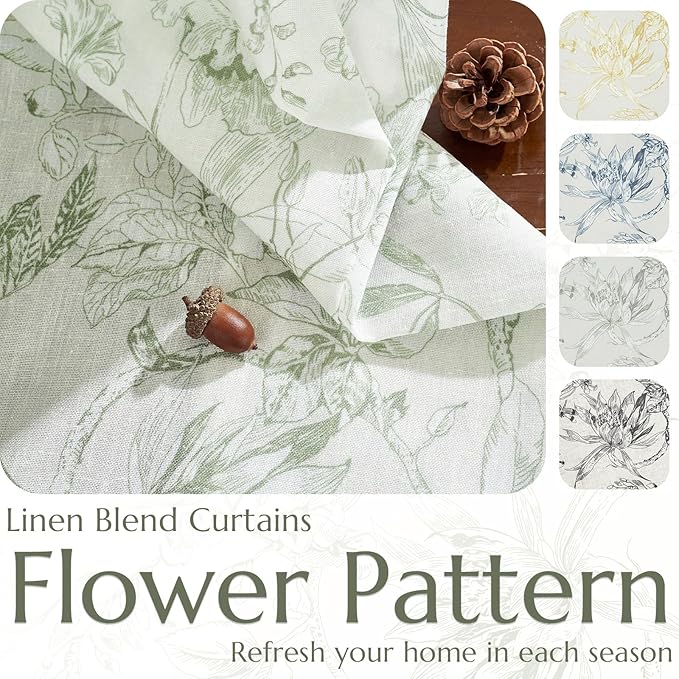 jinchan Floral Curtains 90 Inch Length Sage Green Flower Linen Farmhouse Curtain for Living Room French Country Vintage Curtain Rod Pocket Curtains Set 2 Panels Floral Printed