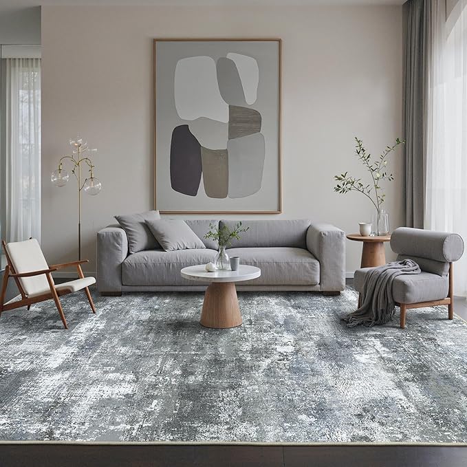 Area Rugs 8x10 for Living Room Bedroom, Modern Abstract Machine Washable Rug, Large Soft Low Pile Floor Carpet with Non Slip Backing for Dining Room, Silver Grey