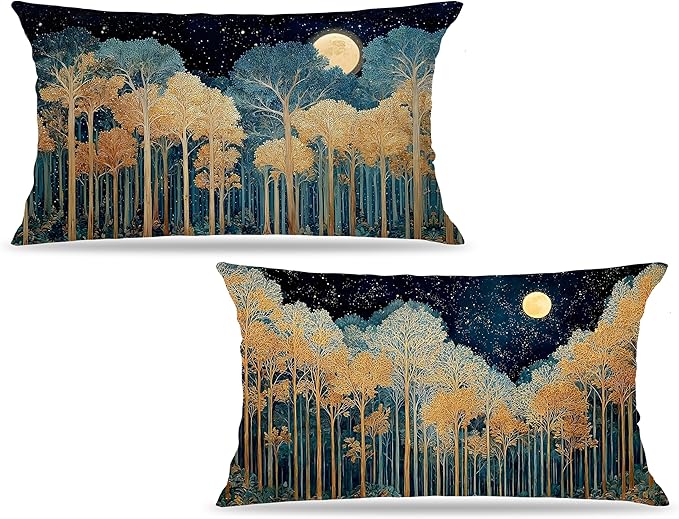 Rustic William Morris Inspired Gold Forest Moon Pillow Covers 12x20 Set of 2,Vintage Black and Gold Botanical Moon Nature Landscape Decorative Throw Pillow Covers for Home Bedroom Living Room