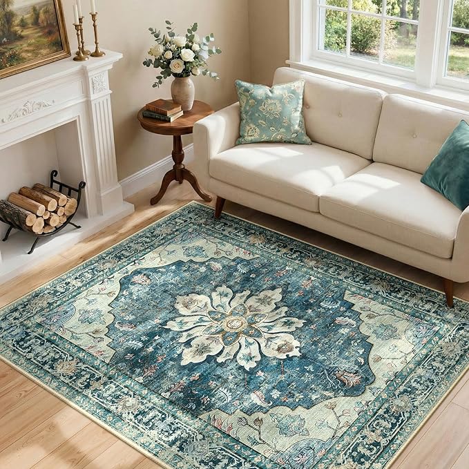 Area Rugs 4'x6' Washable Non-Slip, Floral Vintage Distress Print Pattern Medallion Carpet for Living Room Bedroom Dining Room, Dark Blue Vintage