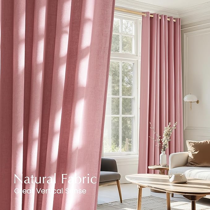 NICETOWN Linen Pink Curtains for Girls Room, Grommet Thick Flax Semi Sheer Window Treatments Privacy Assured with Light Filtering for Bedroom/Kids Room, 2 Panels, W55 x L84