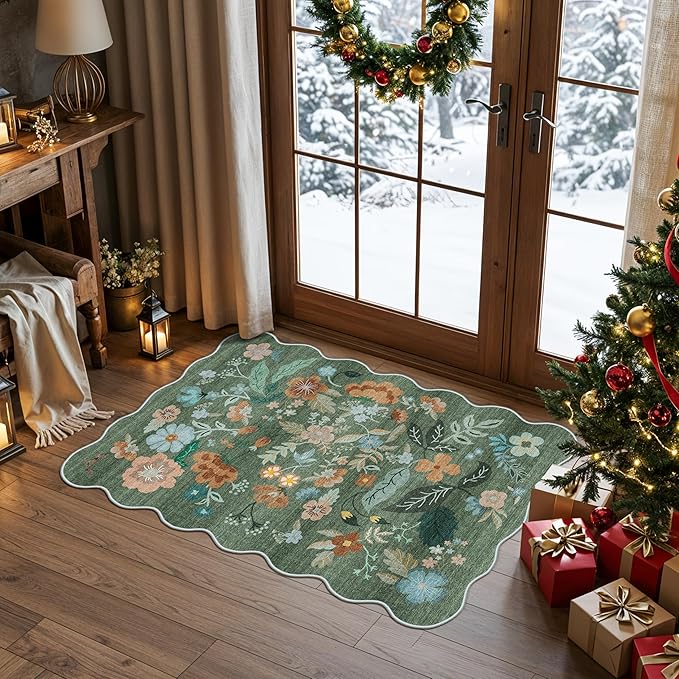 Washable Floral 2x3 Area Rug: Indoor Soft Scalloped Carpet for Entryway Kitchen Nursery Non-Slip Water Resistant Bathroom Laundry Floor Mat Low Pile Durable Door Mat(2x3 Floral/Green)