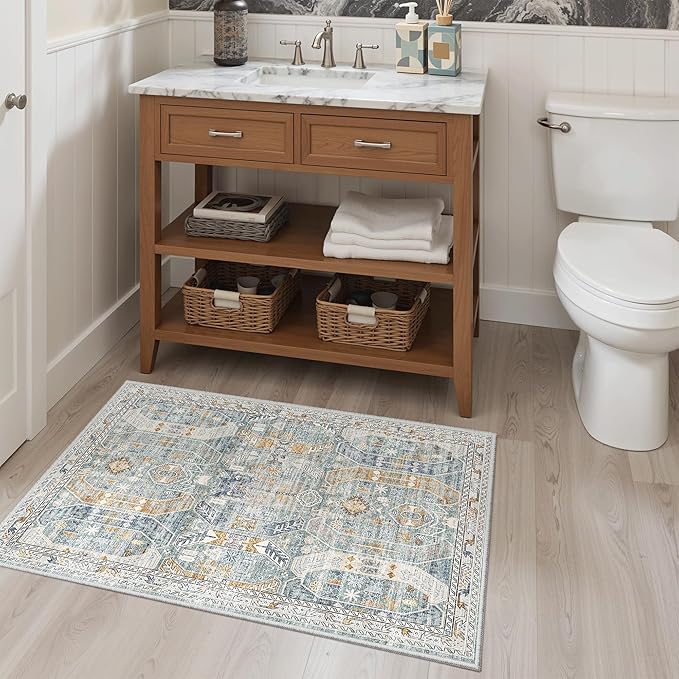 Madane Washable Area Rug 2x3, Small Entryway Rug Non-Slip Vintage Door Mat Indoor Entrance, Low Pile Floor Carpet for Inside Front Door Bedroom Kitchen Entry Laundry (2'x3', Blue/Gold)